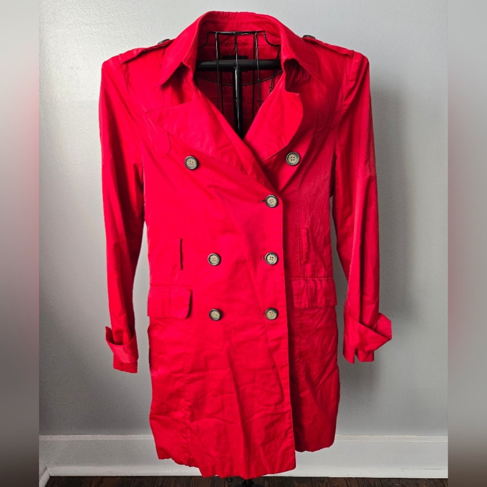 (3/$25) Cynthia Rowley Red Double-Breasted Trench Jacket | Bold Outerwear Size L